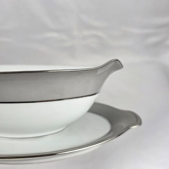 Sango Plantina Gravy Boat with Underplate Gray Band Platinum Trim - Picture 5 of 16